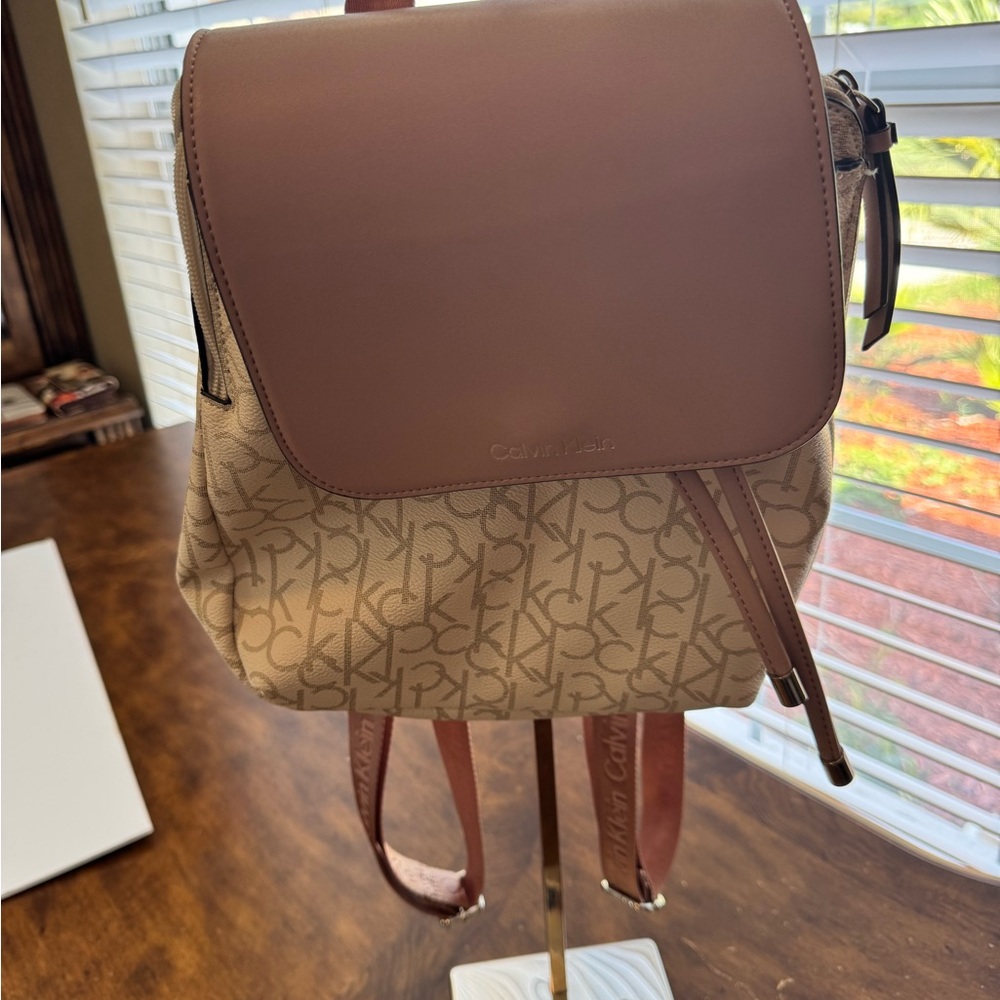 CALVIN KLEIN Pink, White and Taupe Monogrammed Mini Backpack LIKE NEW!